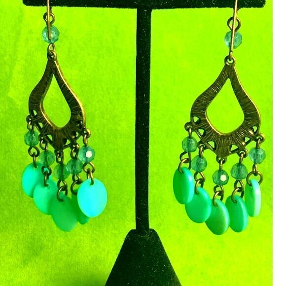 Ornate Bronze Victorian Rhinestone Chandelier Earrings, Unmarked - Picture 3 of 3